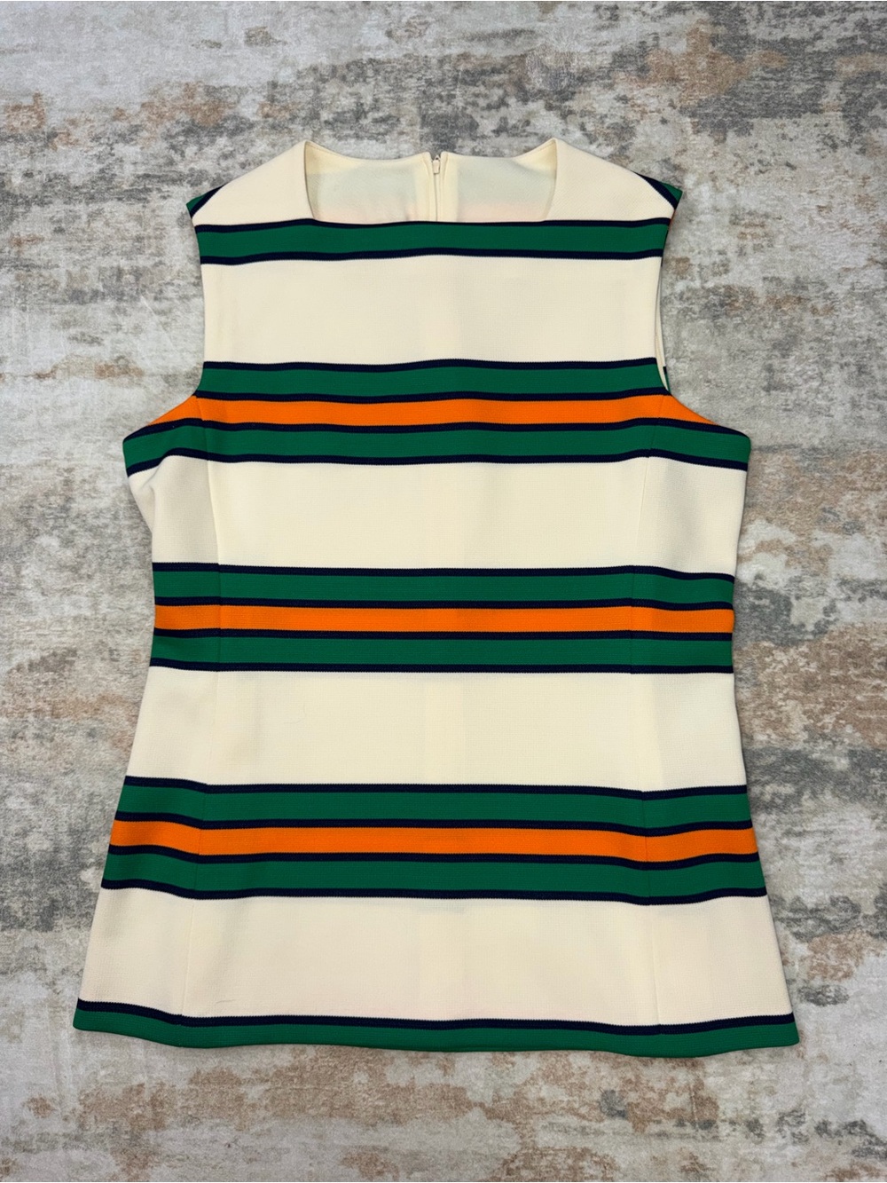 Vintage 60s 70s Mod Striped Polyester Knit Sleeveless Tunic Top Green Orange Med